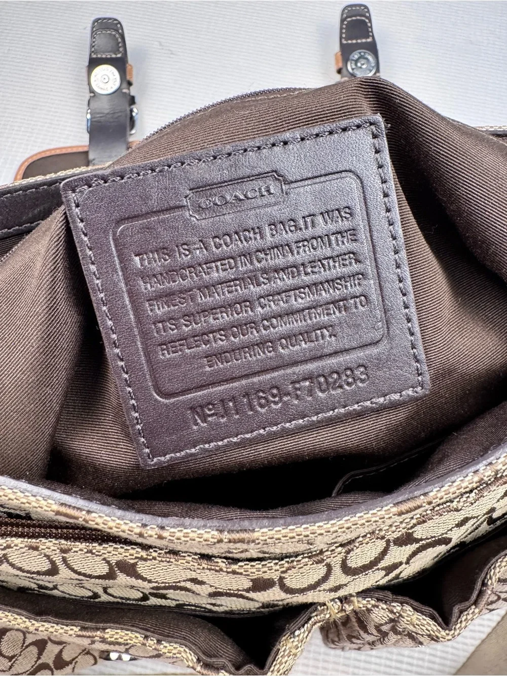 Coach Tan Signature Canvas Messenger Bag with Brown Leather Trim